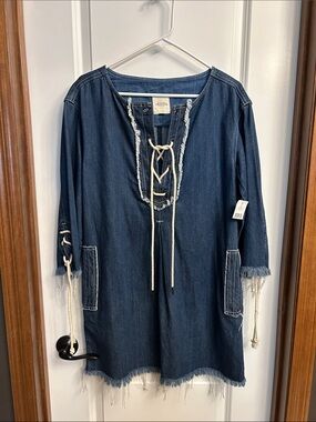Denim Lace-Up Mini Dress in Dark Blue